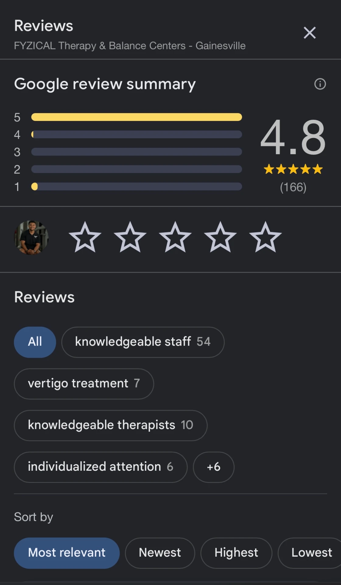 FYZICAL Gainesville Google reviews showing a 4.8 rating across 166 reviews